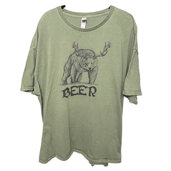 Beer Bear Antler Graphic Tee Green Gildan Heavy Cotton - 3XL - Picture 1 of 7